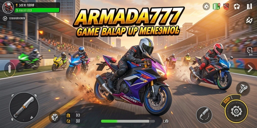Tampilan gameplay seru dari ARMADA777 saat balapan motor.