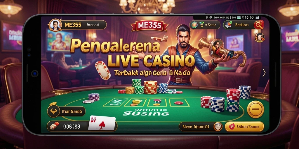 Screenshot utama ME355 menampilkan dealer langsung dan suasana kasino yang mendebarkan.
