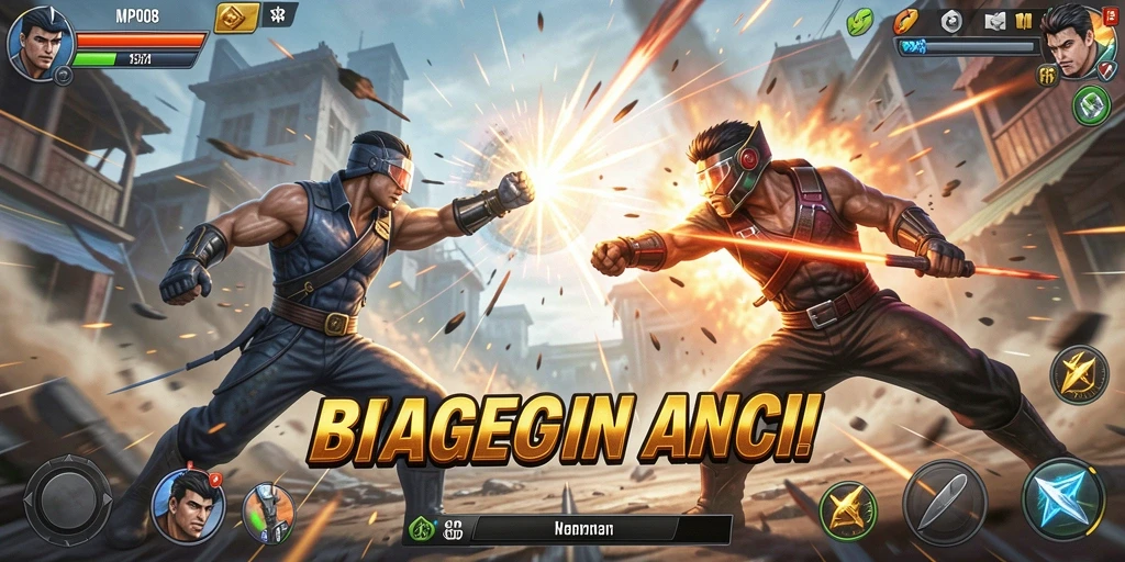Screenshot gameplay MPO08 menampilkan karakter sedang bertarung dengan latar belakang arena dinamis.