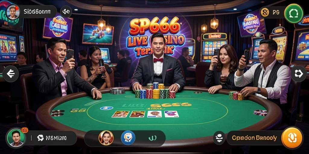 Screenshot gameplay SP666 dengan dealer langsung dan suasana kasino yang menyenangkan.